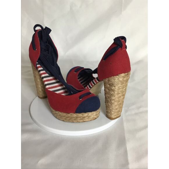 Envy Women Platform Espadrilles Sz. 8 Red Nautical Pin up Resortwear Yacht Party - Picture 5 of 10
